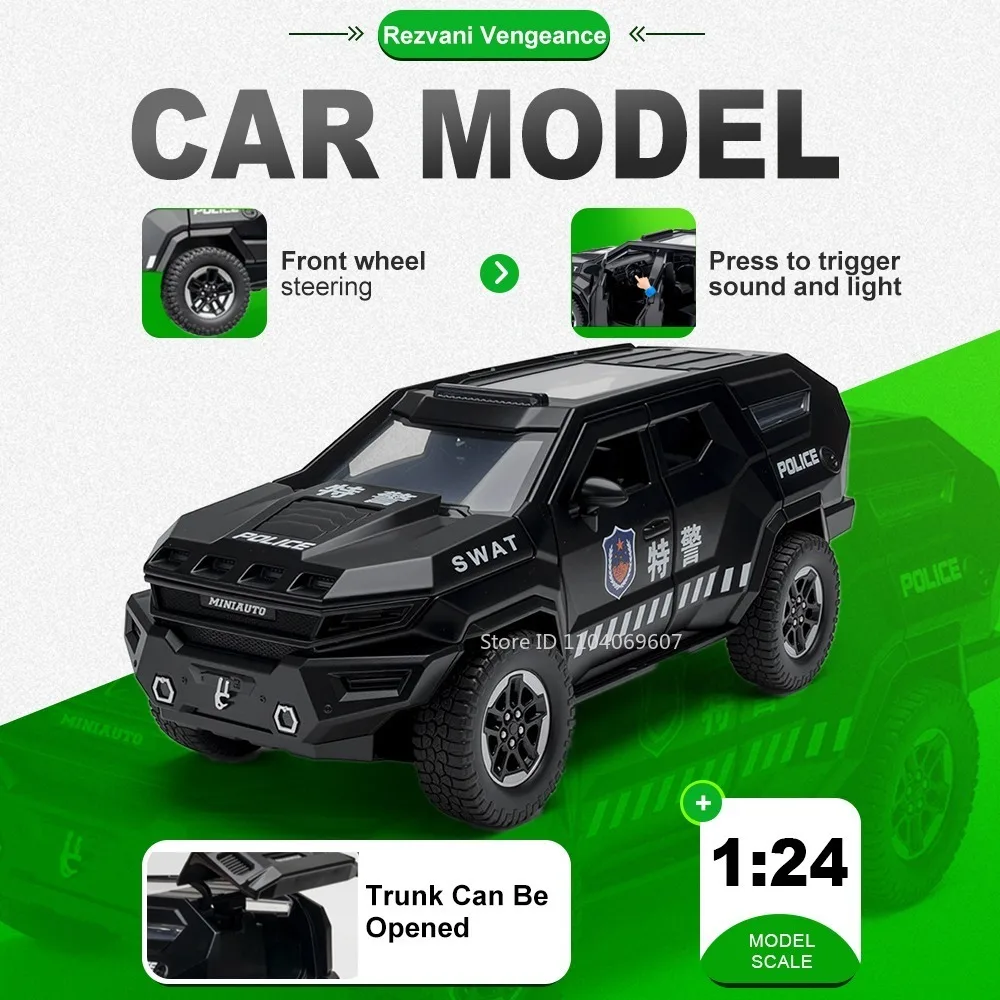 

Модель-игрушка 1:24 Rezvani Vengeance Sabertooth: Полицейская машина с открывающимися дверями, функцией отката, звуком и светом, из литого сплава, для детей (развивающая игрушка)