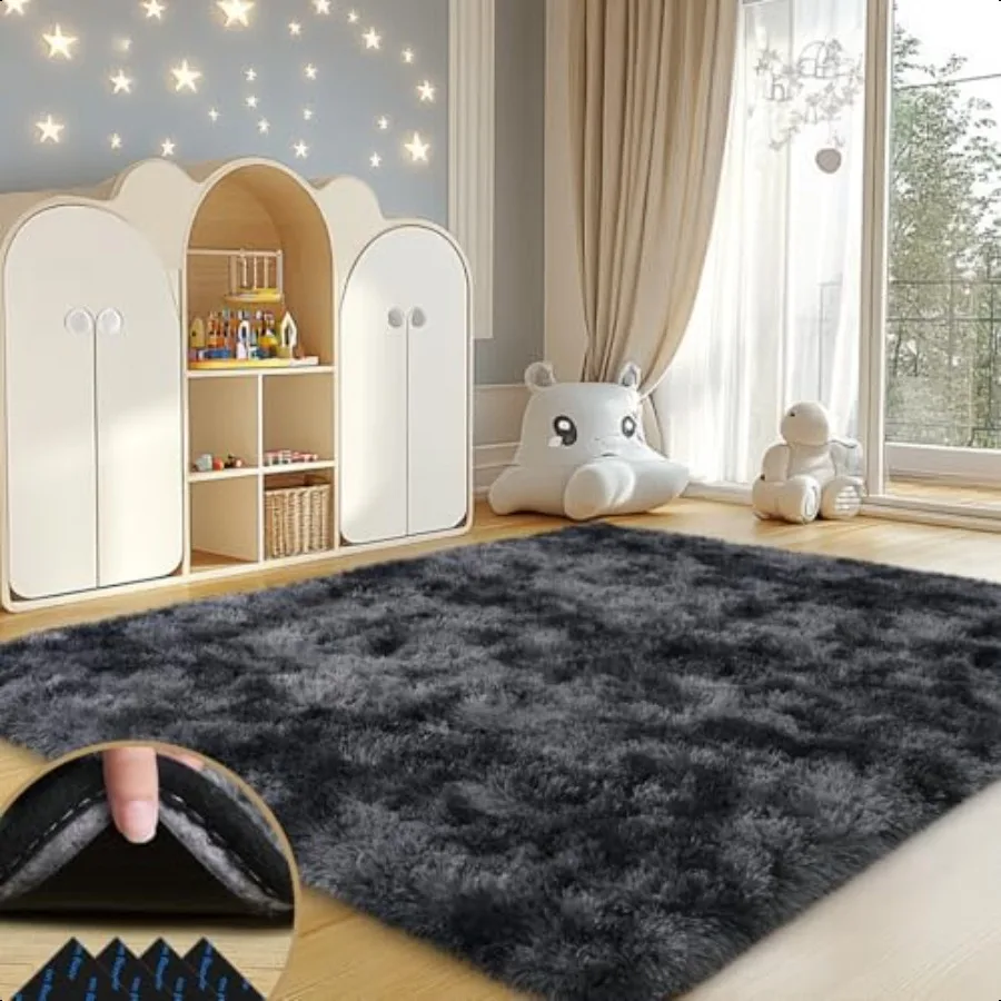 

4x6 Rugs for Living Room Large Fluffy Area Rugs for Bedroom Soft Carpet Shag Rug with 4 NonSlip Rug Pads Black Grey TieDyed 4ft