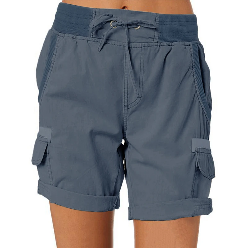 Summer Woman Casual Shorts Elastic Waist Cotton Shorts Beach Cargo Pocket Short Office Lady Casual Loose Harajuku Pants