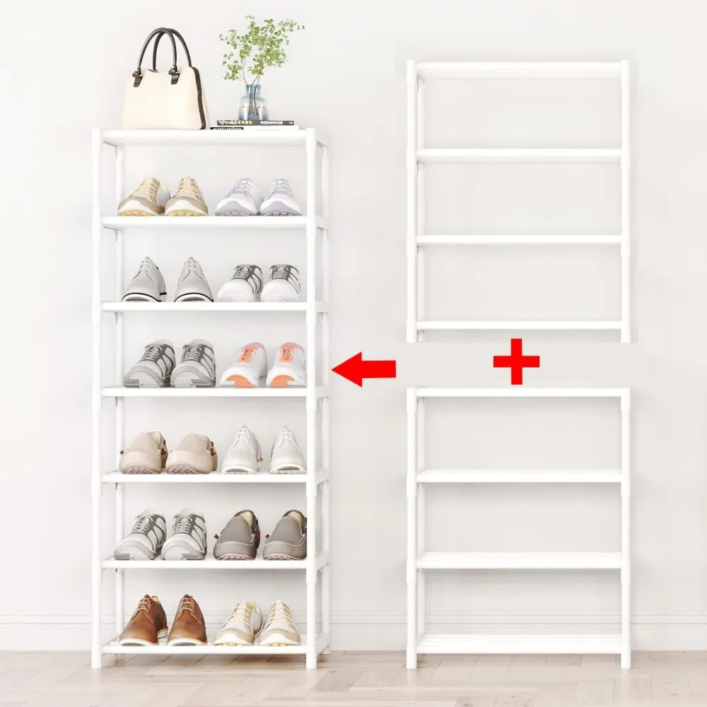 4-Tier Small Shoe Rack, Metal Stackable Kids Shoe Shelf Storage Zapateras Organizer,Narrow Shoe Rack Sturdy for Closet Hallway E