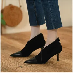 Hot spring genuine leather modern back zipper pointed toe splicing stiletto high heels dating apricot color pumps l31