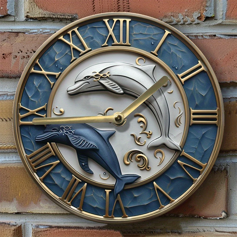 

Silent Aluminum Wall Clock with Dolphin Design - Perfect for Bedroom & Christmas Decor, Diy Metal Clock Wall Clock Modern Design