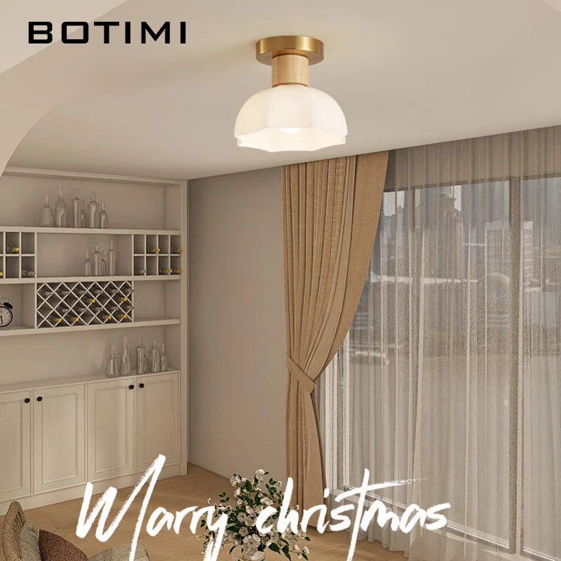 BOTIMI White Glass Ceiling Lights For Corridor Nordic Dressing Room Surface Mounted Golden Metal Base Wooden Indoor Lighting