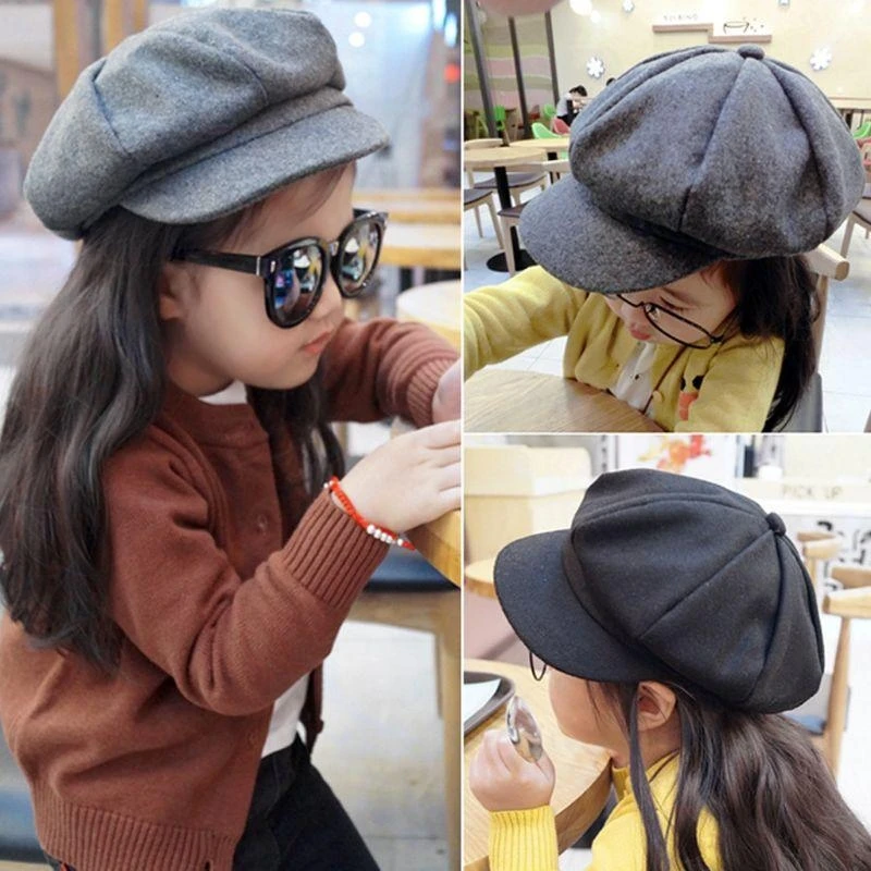 

J15U Kids Hat Newsboy Cap Autumn Winter Hat Caps Baby Kids Boys Girls Woolen