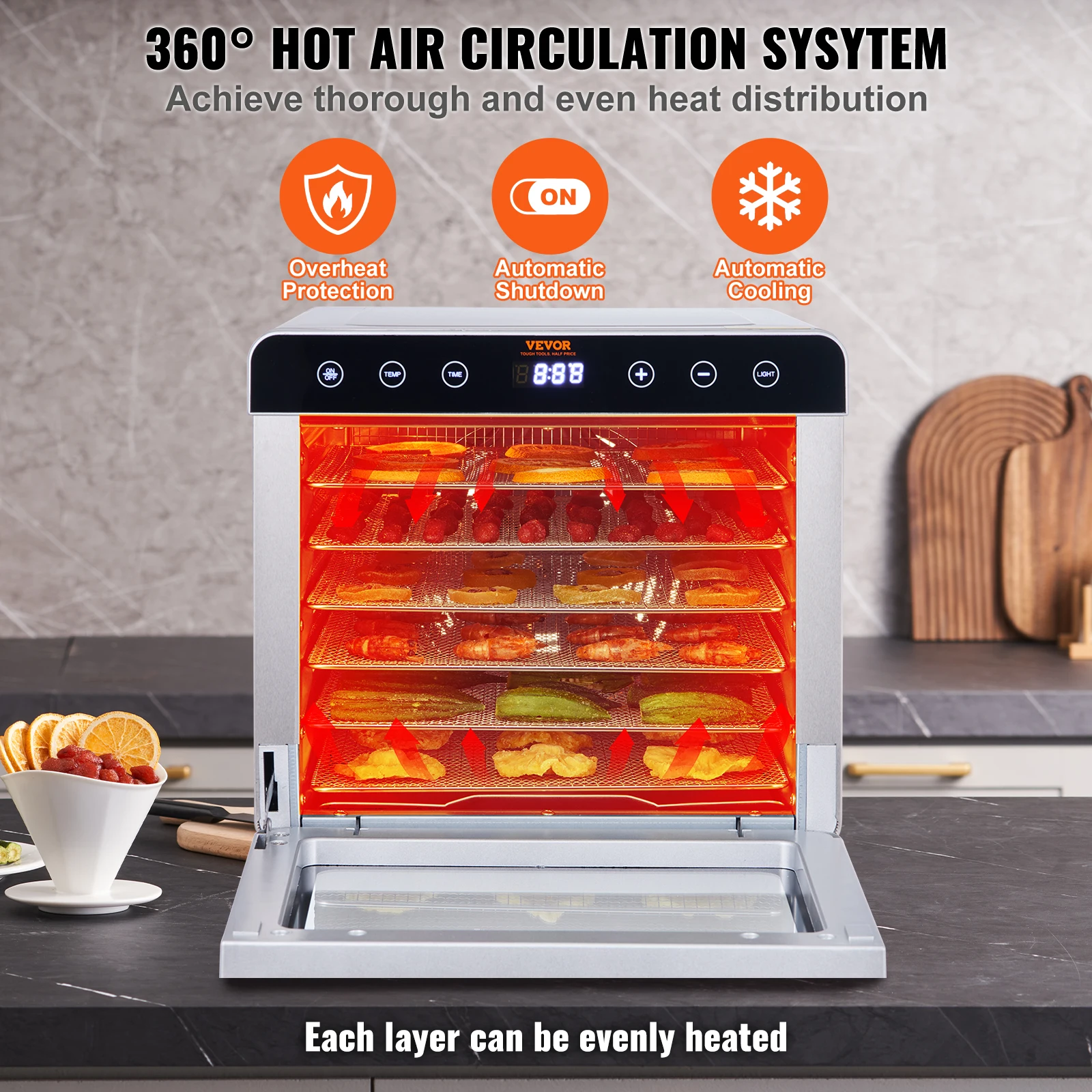 Vevor máquina desidratadora de alimentos 700w com temporizador digital controle de temperatura 6 bandejas secador desidratado de alimentos para jerky, erva