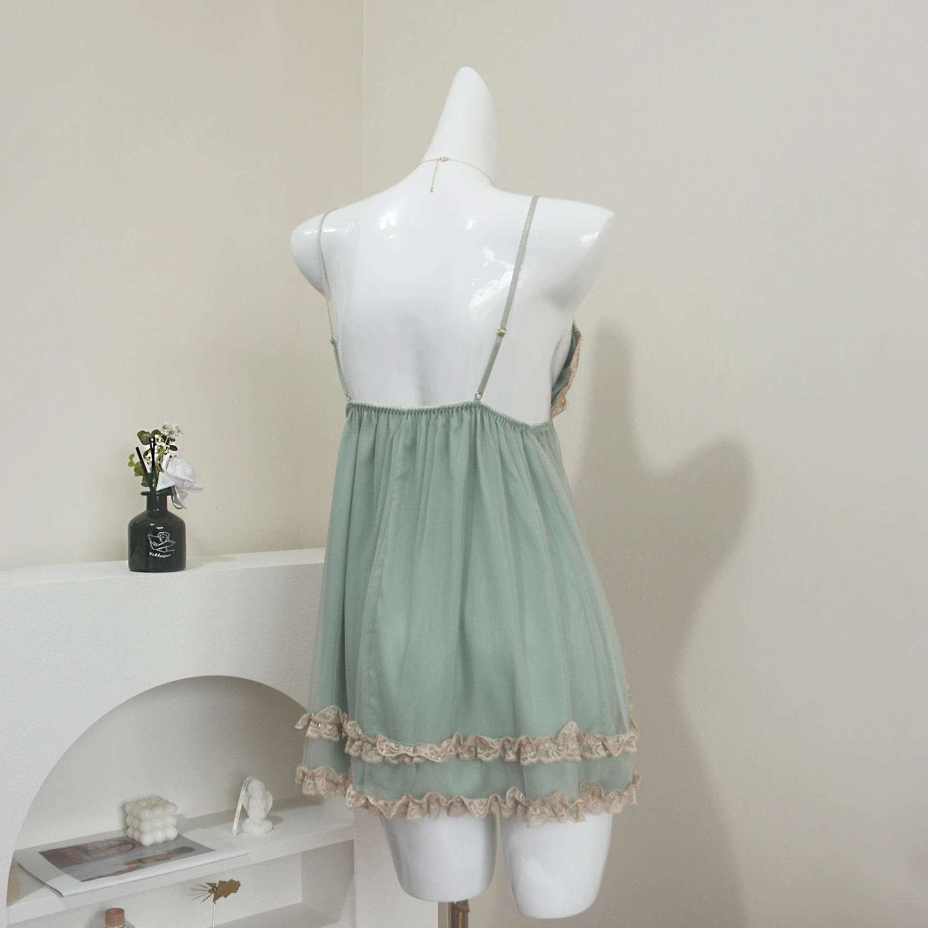 Women's Sexy Bathrobe Set Mesh Solid Lingerie Lace Ladies 2 Pcs Nightdress and Robe V Neck Backless Nighty for Female Sleepwear