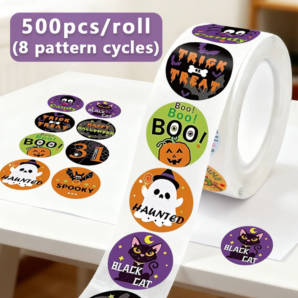 500Pcs/roll Halloween Sticker Rolls, Halloween Round Pumpkin Ghost stickers, Spider Bat Cat Stickers for Party Decoration
