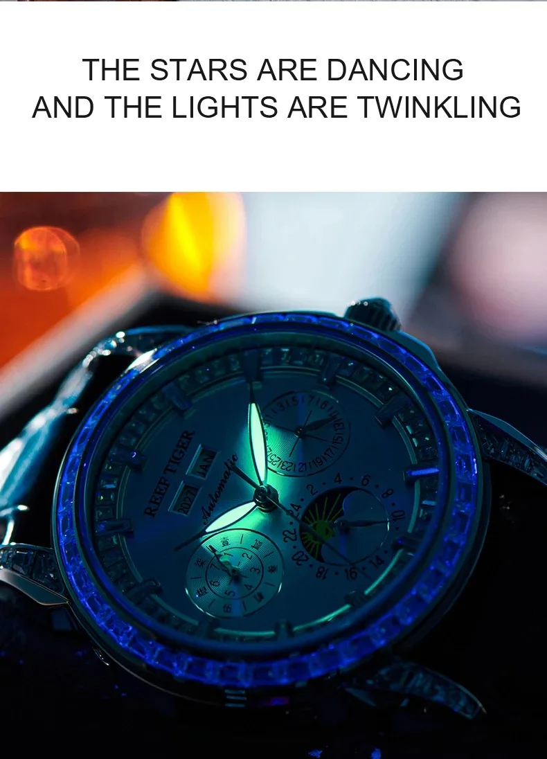 Reef Tiger Men Automatic Watch 42.7mm Mechanical Wristwatch 50M Waterproof Luminous Sapphire Mirror Multi-Dial Month Week