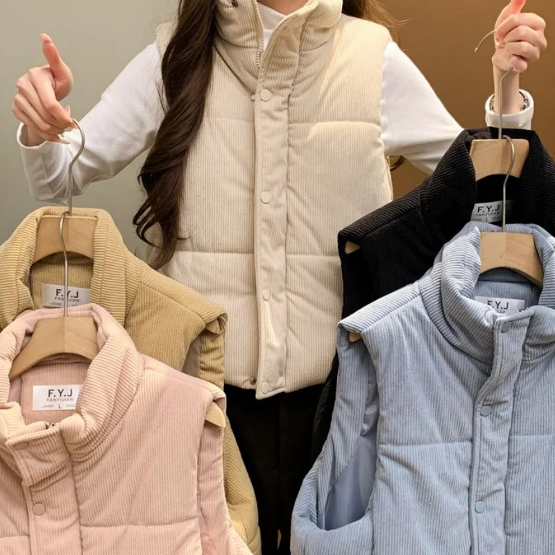 Women Korean Light Blue Corduroy Cotton Vest Women Sleeveless Zip Snap Loose Warm Winter Minimalist Gentle Casual Waistcoat