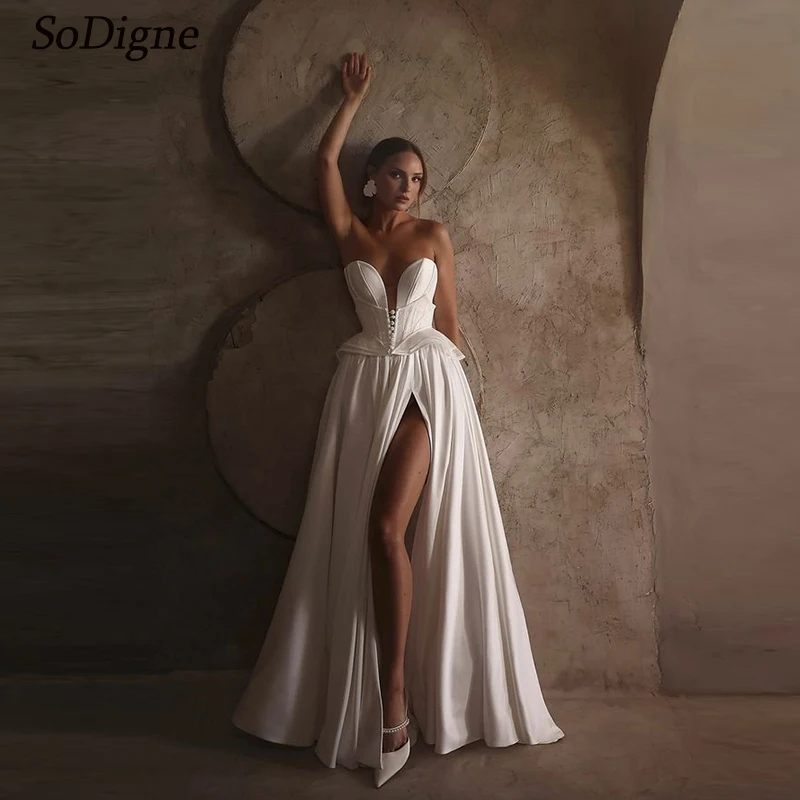 

SoDigne Satin Simple Wedding Dresses A-line Sweetheart Sleeveless Split Bridal Dress Beach Wedding Gown Robe De Mairee