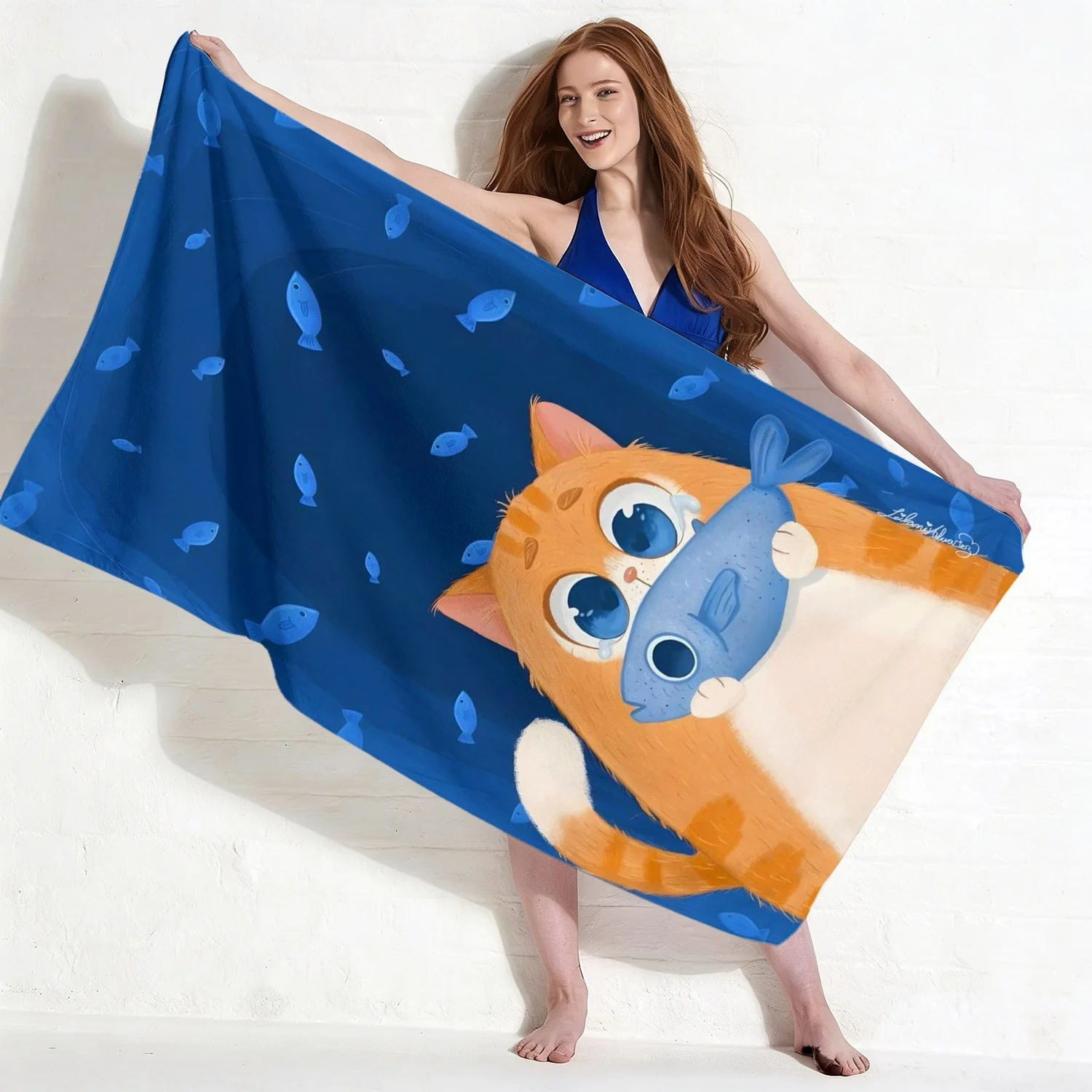 1pc Cute Cartoon Cat with Fish Pattern Oversized Soft Beach Towel, Blue Ocean Fish Print, Microfiber Bath Towel, Quick-Dry
