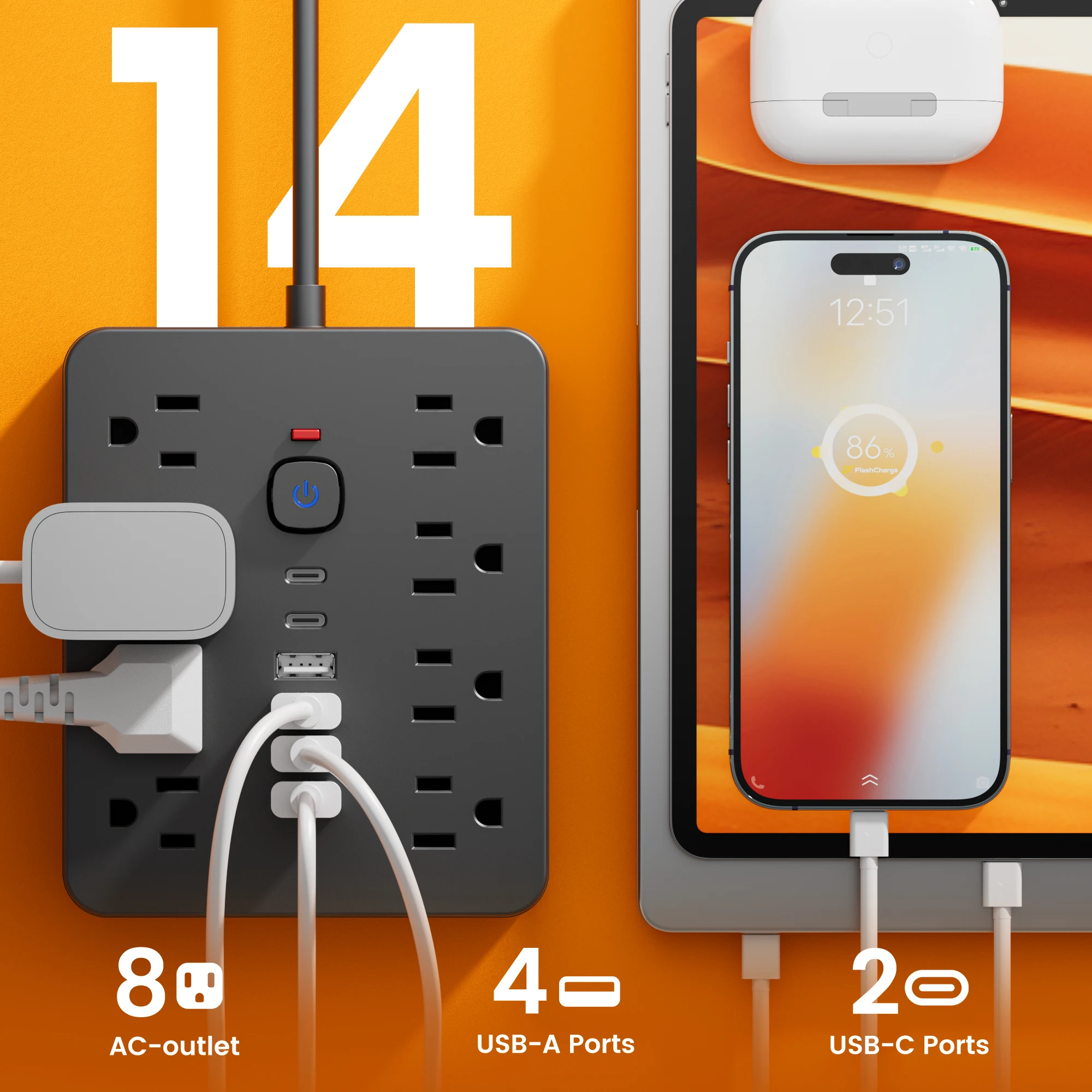 14-in-1 Power Strip Switch Surge protector Prection multifunctional socket electric flat plug with USB Type-C charger oulets