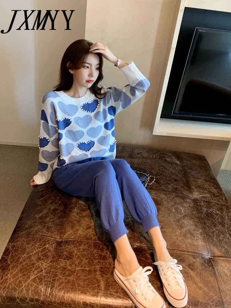 JXMYY-Love Printed Knitted Two-Piece Suit for Women, Long Sleeve Sweater, Tops and Solid Colors, Casual Pants, Female Fashion