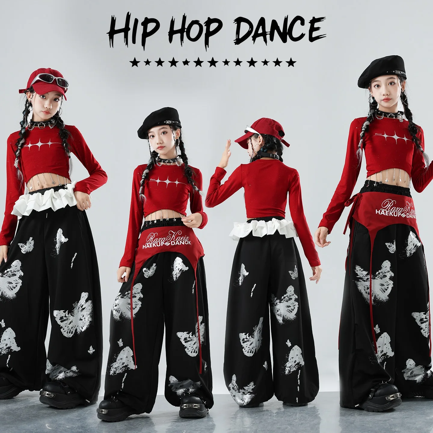 Meninas jazz hip hop roupas de dança vermelho nacel topos baggy sweatpants roupas prática salão mangas compridas rua danewear bl17135