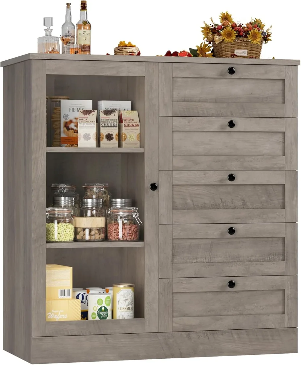 HOSTACK 5 Drawer Dresser with Door, Storage Cabinet with Drawers and Shelves, Wide Wood Dresser, Modern Chest of Drawers