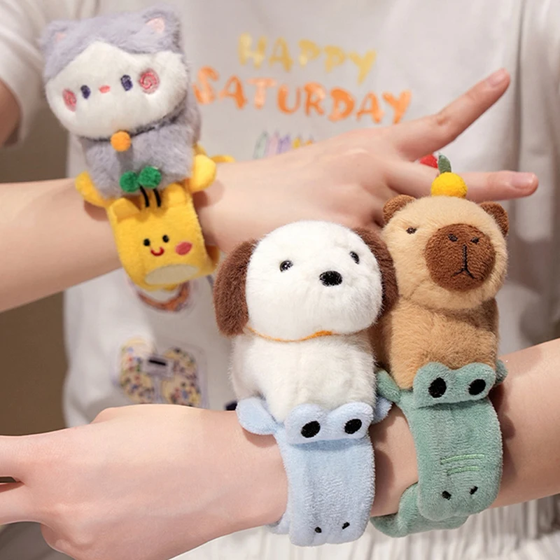 Creative Lovely Animal Slap Snap Wrap Wristband Bracelet Capybara Dog Cat Plush Hand Ring Wristband Kids Toys Funny Gift