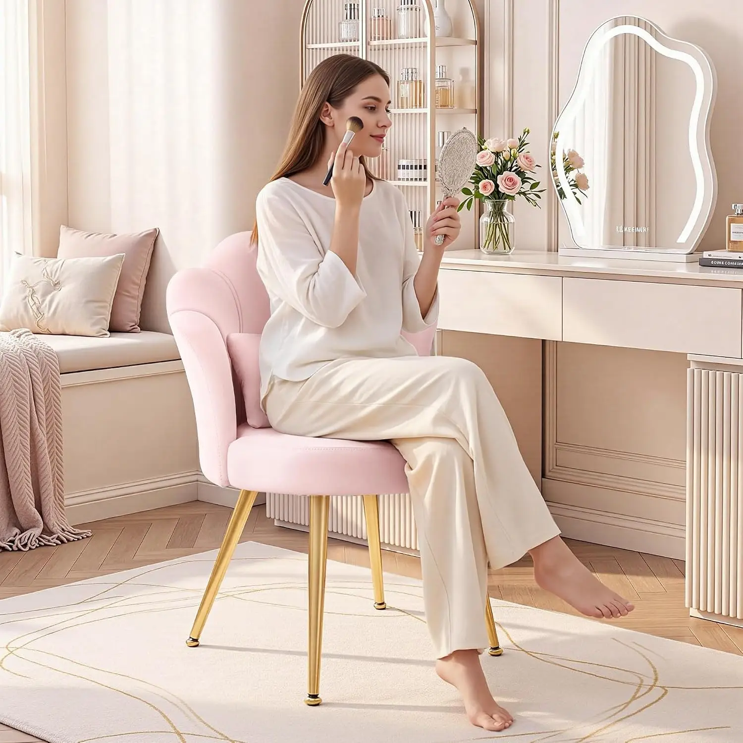 Petal Makeup Vanity Chair with Back, Flower Chair Comfy No Wheels for Girls Women, Makeup Chair with Golden Metal Legs & Lumbar