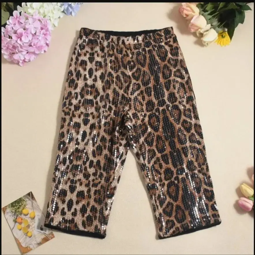 Elegant Sequin Women's Pants Seven Quarter Fashion 2025 Summer Product Leopard Pattern Short Elastic Waist Casual Half Trousers