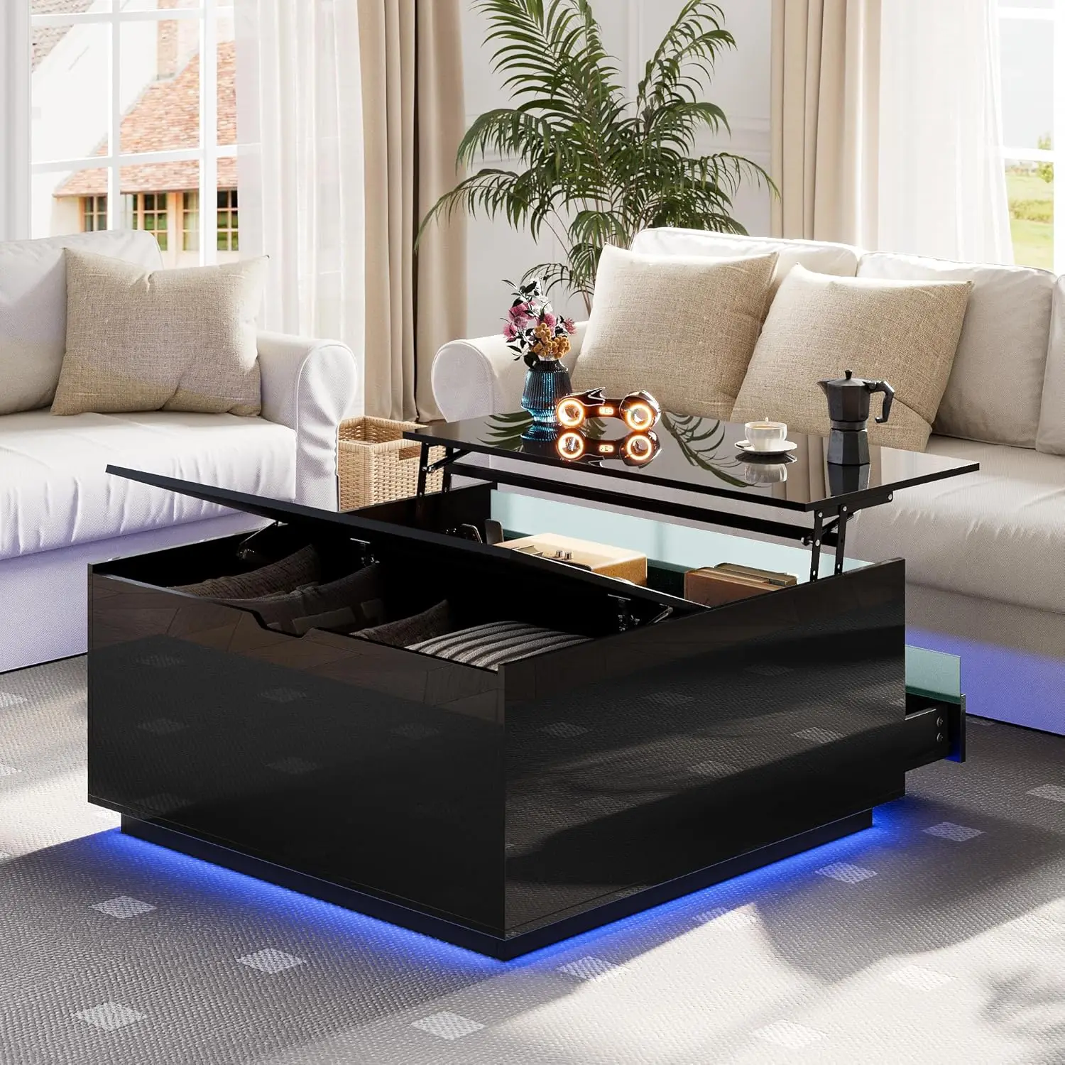 High Gloss Coffee Table with Storage,Black Square Lift Top Coffee Tables with LED & Flip Lid, Small Modern Coffee Table for