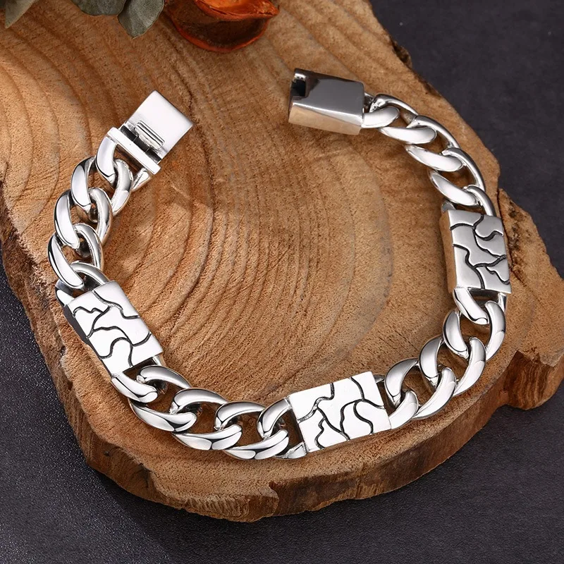 Vintage Cracked Cuban Chain Bracelet, Chinese Style Retro Antiqued Jewelry, Elegant Trendy Accessory for Men Women