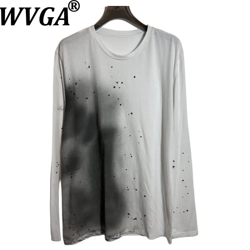 

Новые мужские хлопковые футболки WVGA с длинным рукавом, модные, с эффектом чернильных брызг и градиентом, с эффектом состаривания, трендовые, с круглым вырезом, W21519