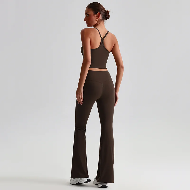 Women Flared Leggings Tank Top 2 Piece Gym Suit Fitness Yoga Set High Stretch Nylon Running Sportswear Quick-dry Workout Clothes image 2