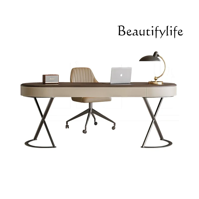 

Q Desk Household Medieval Solid Wood Living Room Study Desk Minimalist Writing Desk Saddle Leather Computer