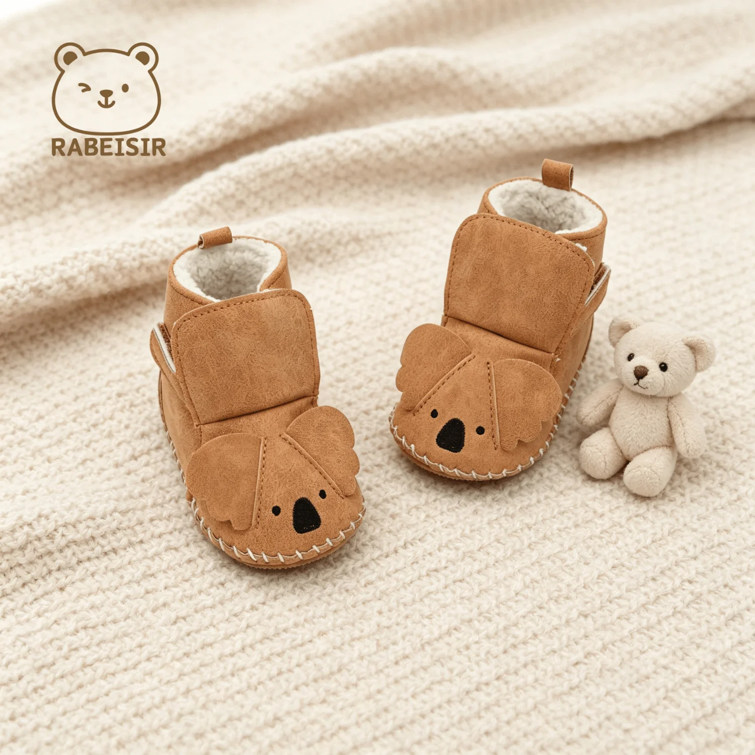 Winter Fleece-Lined Koala Baby Short Boots, Faux Suede with Hand-Stitched Heel Tabs, Soft-Soled Baby Walking Shoes