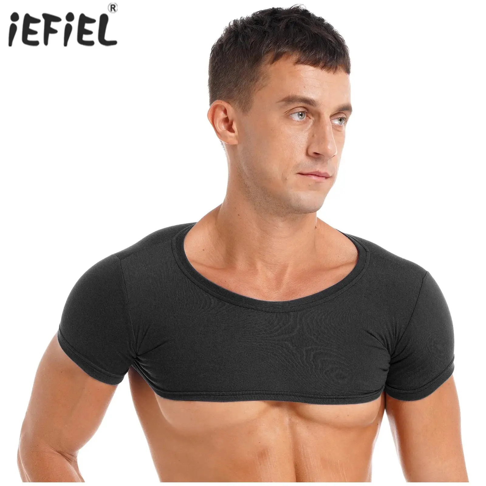 Mens Half Crop Tops Male Clothing Round Neck Short Sleeve T-Shirt Casual Solid Color Cropped Tops Rave Party Outfit Clubwear