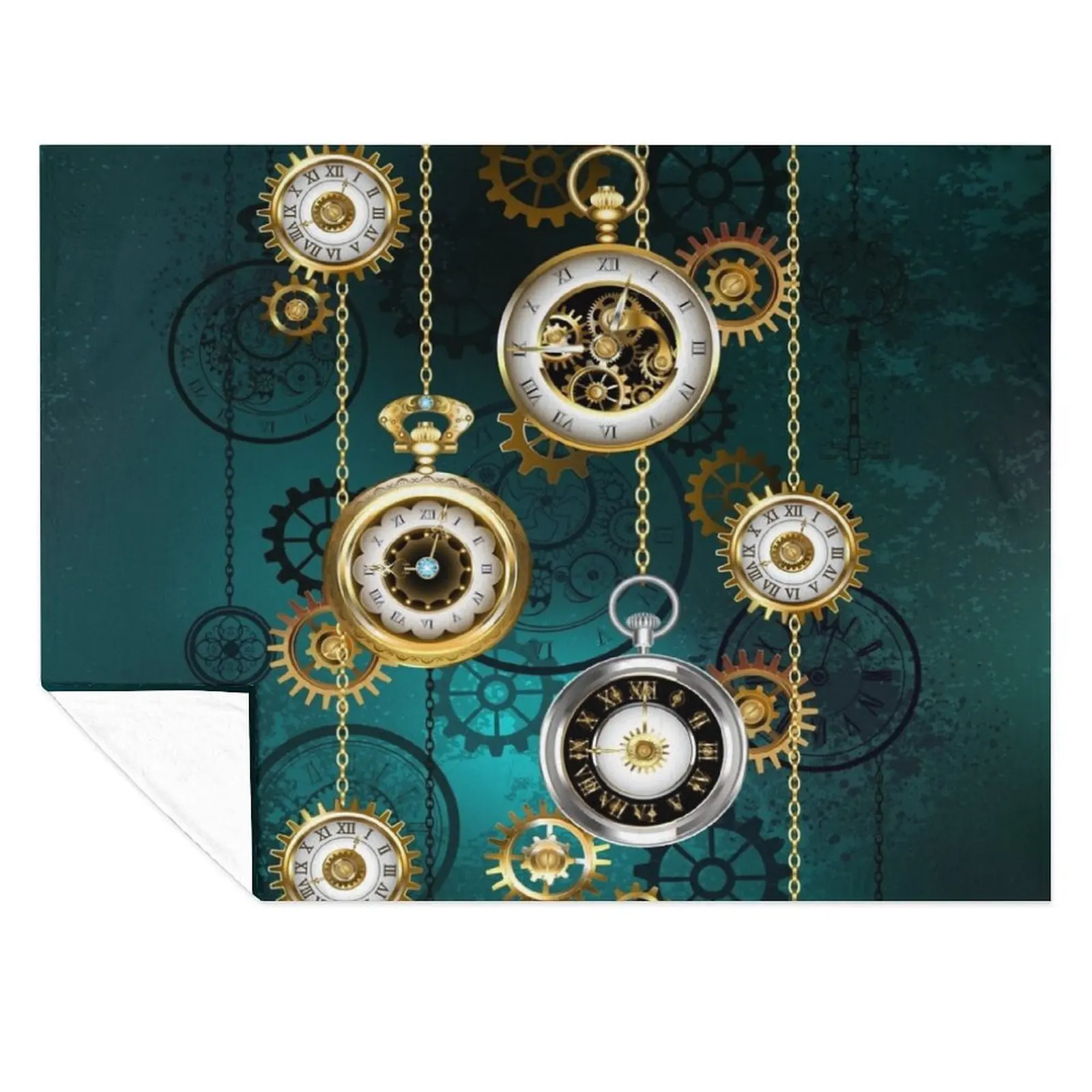 

Steampunk Watch with Chains on Green Background Throw Blanket Tourist Camping cosplay anime christmas decoration Blankets