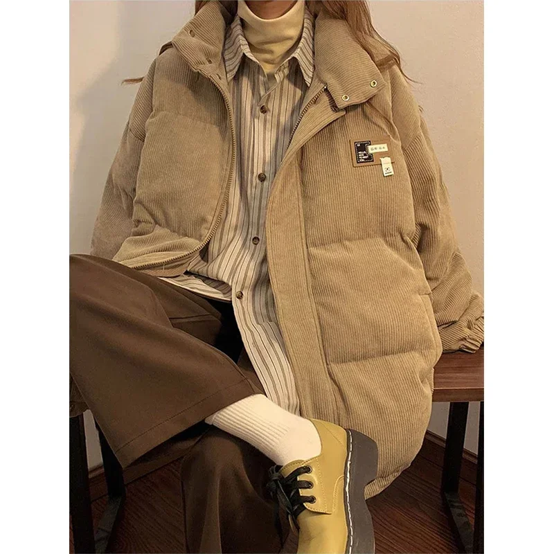 Corduroy Parkas Women Oversized Down Coats Winter Streetwear Thick Warm Puffer Jacket Korean Pockets Cotton Padded Outerwear New