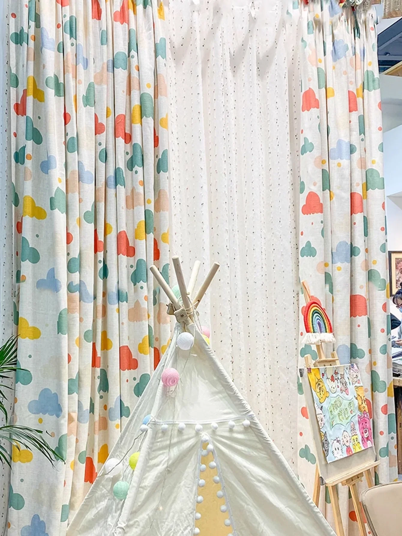 

New cartoon children's room curtains color clouds cute environmental protection cotton linen boy room girl room bedroom landing