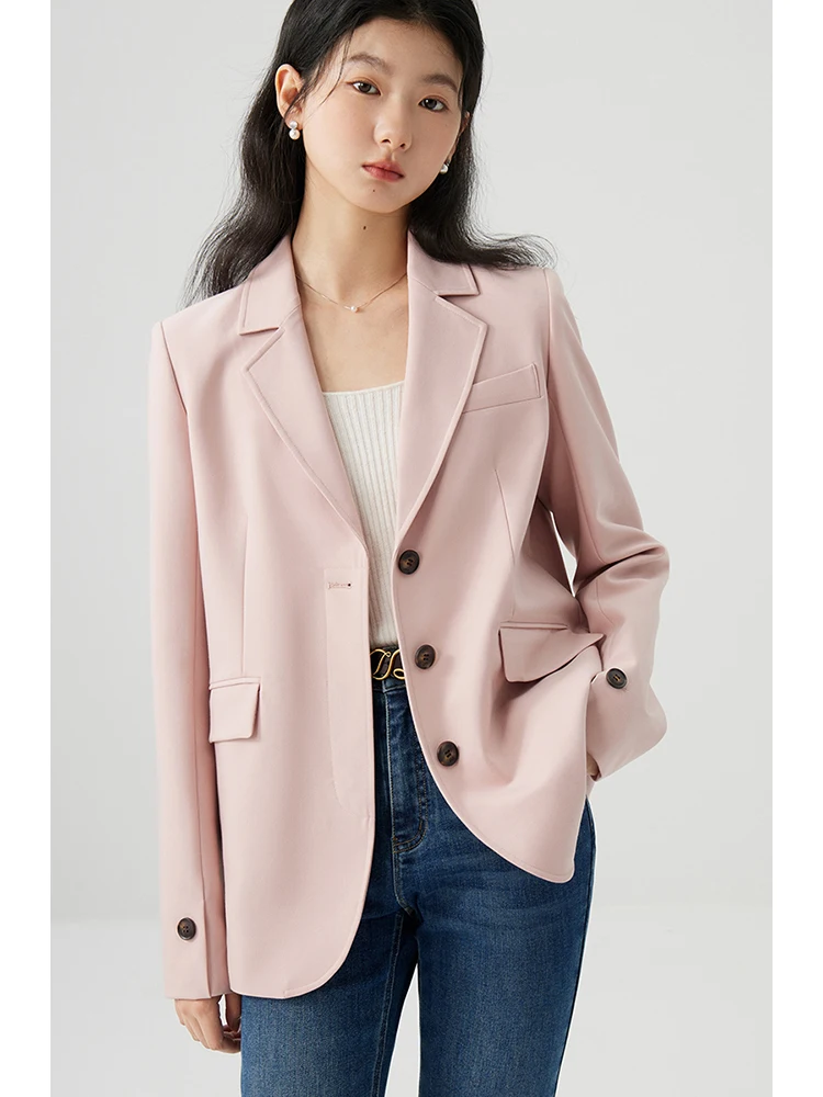 Ziqiao Kerfkraag Vrouwen Lente Nieuwe Roze Single Breasted Rechte Blazers Twill Blended Office Lady Blazer Jas 24zq91214