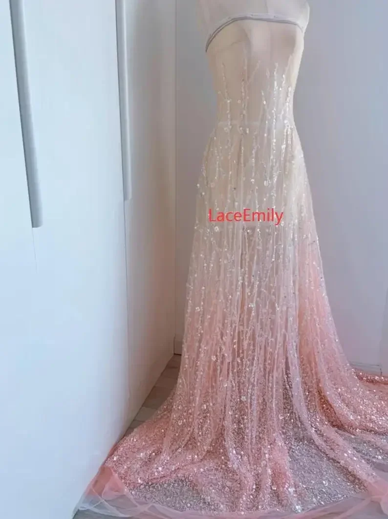 

Розовый градиент, бисер, лепестковая вышивка, кружевная ткань, тюль с блестками и цветочным принтом, ткань для платья для девочек, платье-пачка, свадебное платье