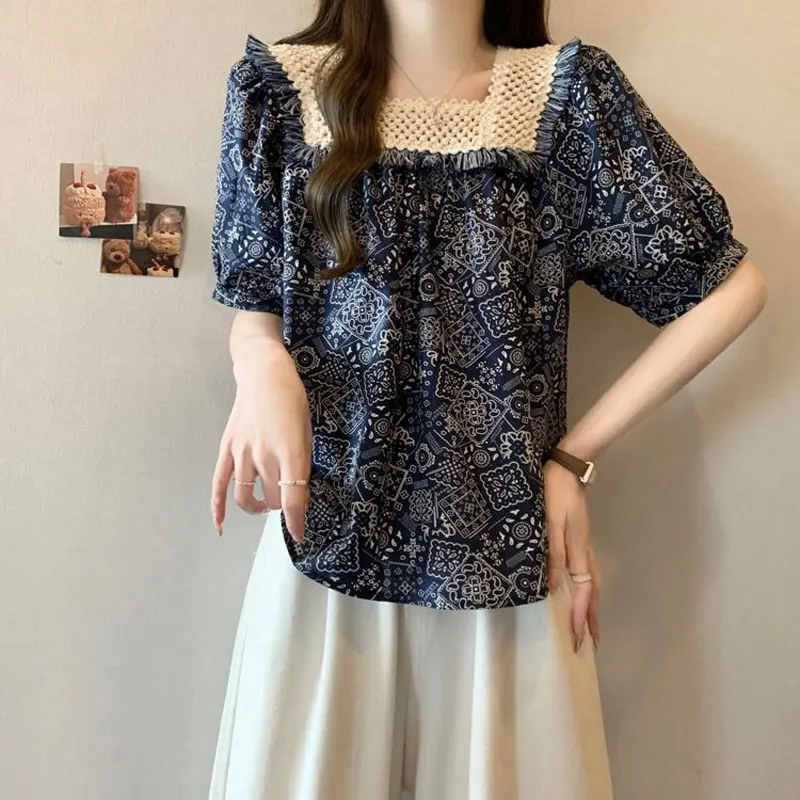Fashion Hollow Out Patchwork Blouse Summer Vintage Broken Flowers Printed Casual Female Clothing Elegant Square Collar Shirt New