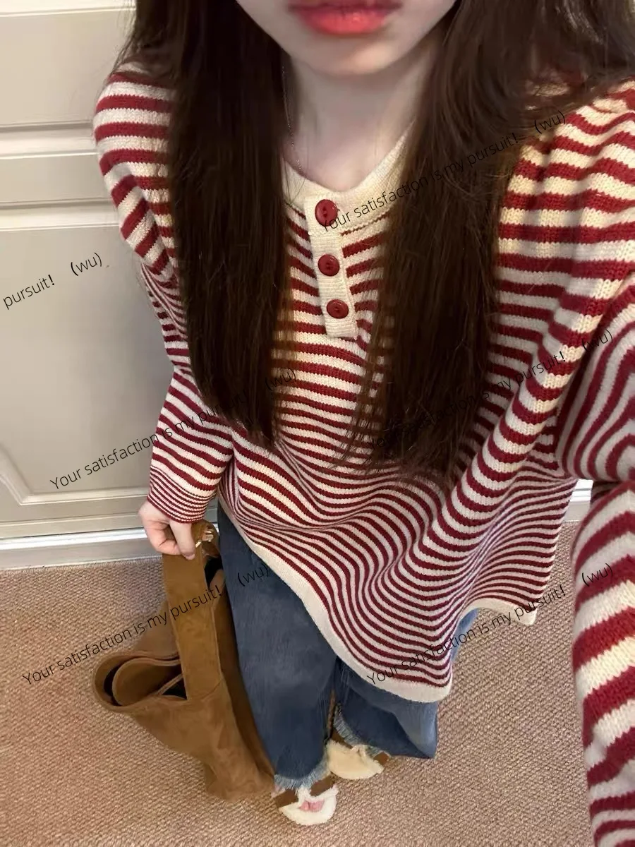 

Lazy red stripes contrasting colors knitted top autumn wear loose sweater women autumn and winter