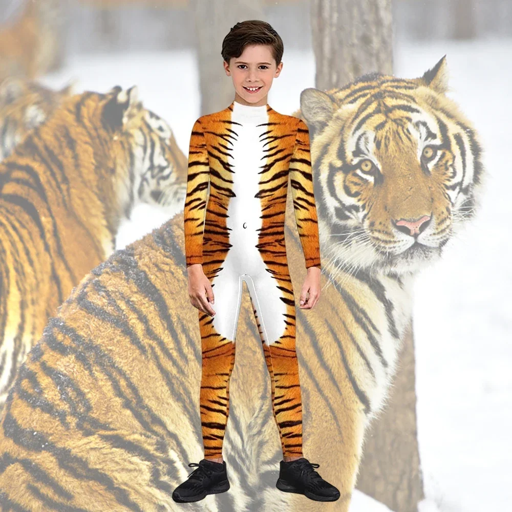 Teanoon Funny Creative Cosplay Costume Tiger Wolf Milk Cow Printed Kids Zentai Bodysuit Jumpsuit Spandex Halloween Clothes