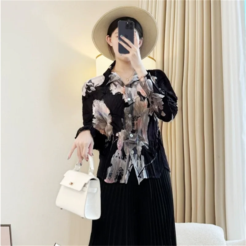 مياكي الأزرق المتخصصة غير النظامية الطباعة المرأة مطوي قميص واحدة الصدر التلبيب مطاطا التخسيس ملابس أنيقة