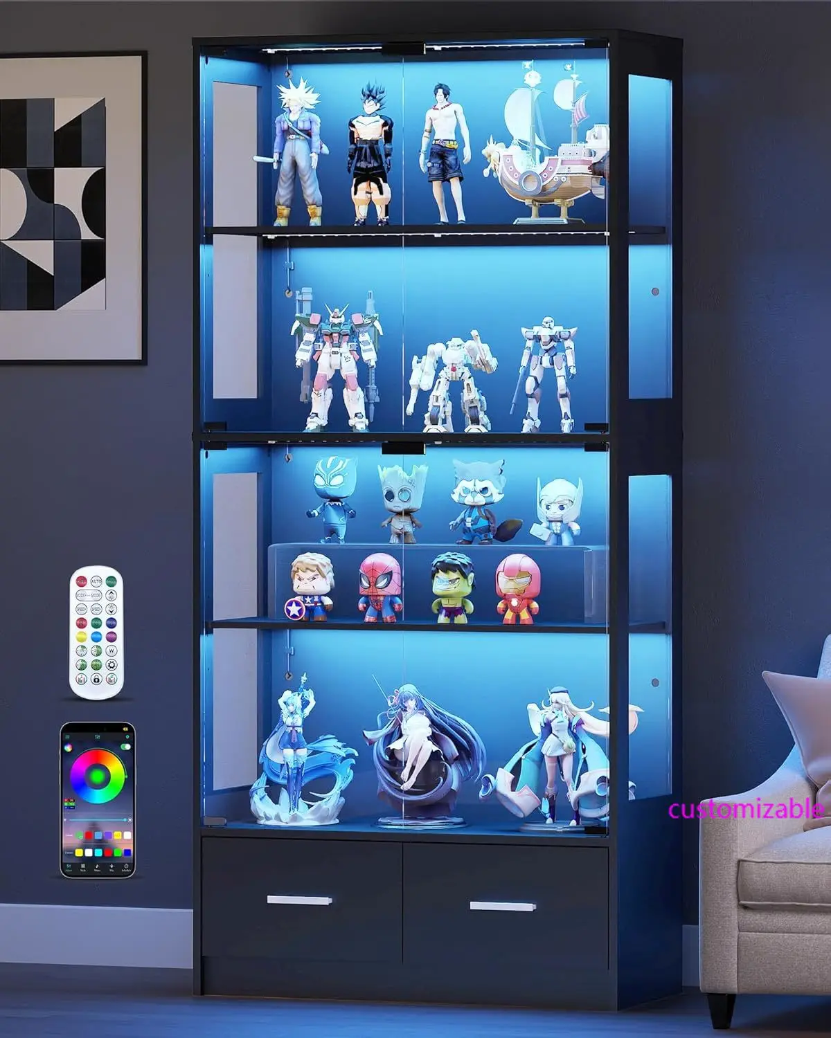 Vitrina con puertas de vidrio - Gabinete de curiosidades de 67" para coleccionables con luces LED RGB y 2 cajones, expositor de vidrio de 4 niveles