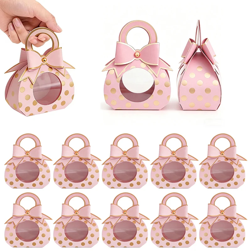 Boîte à friandises à pois rose doré avec nœud, adaptée pour l'emballage de cadeaux de fête, anniversaire, mariage, réunion, faveurs pour invités, 5-10 pièces/ensemble, ZYF