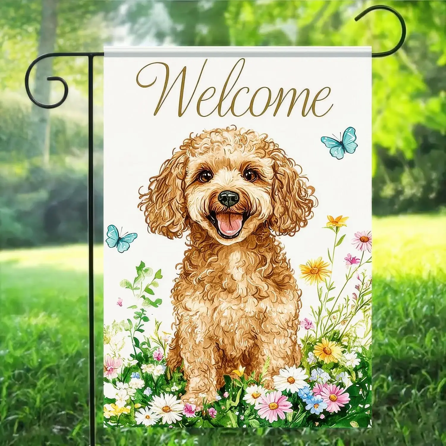 BlissYard Welcome Spring Summer Dog Garden Flag Double Sided 12 x 18 Inch Wildflowers Butterflies Poodl Dog Yard Small Flag  SSL
