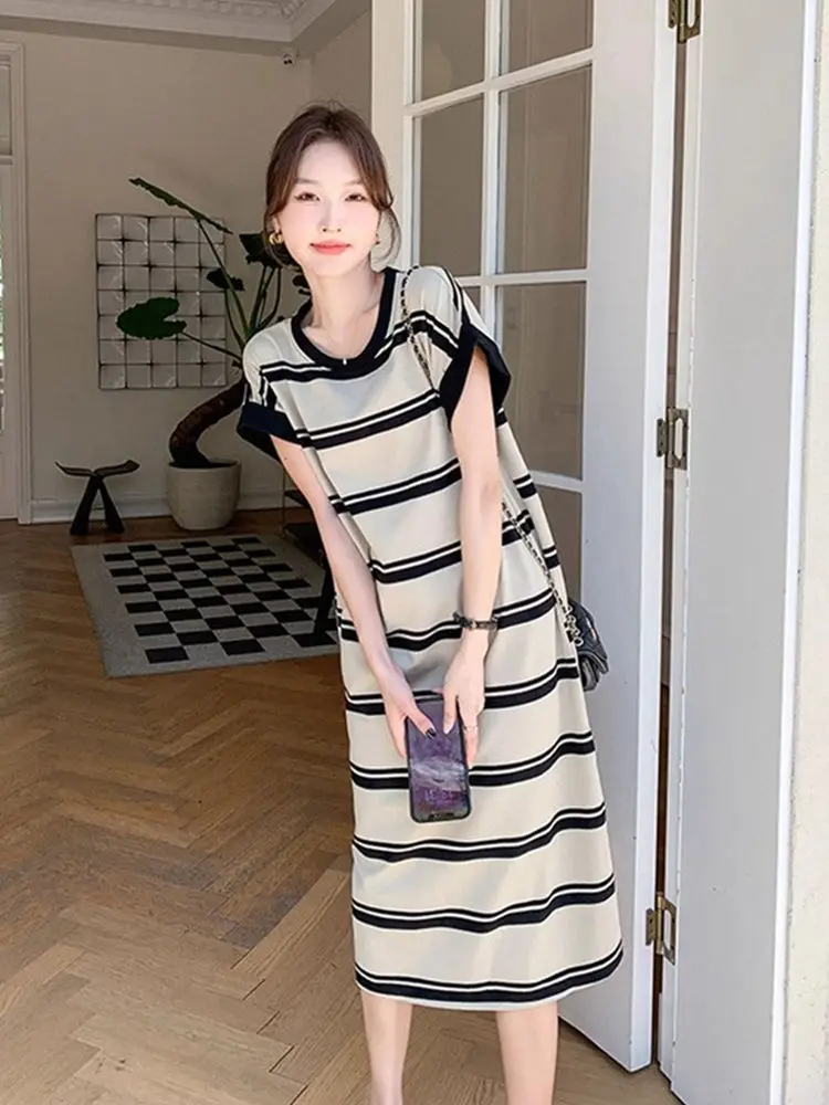 Or Sve Dr – T-shirt d'été à rayures en soie glacée, longueur aux genoux, grande taille, ample, couvrant le ventre, jupe longue amincissante, style coréen