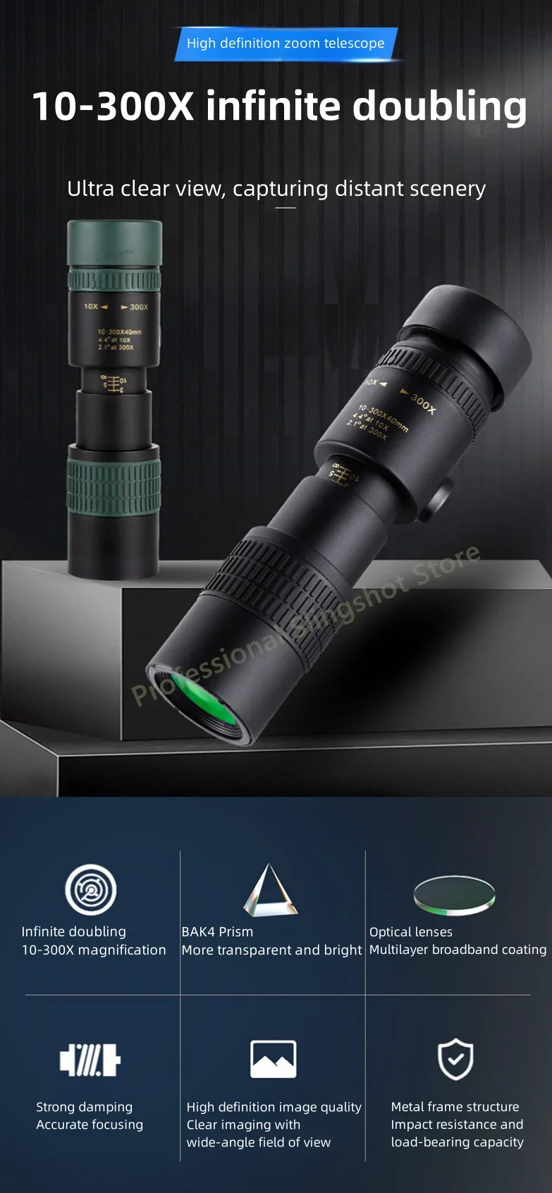 Leistungsstarkes Monokular-Teleskop mit 10-300-fachem Zoom, professionelles Monokular-Teleskop, HD, hochwertiges BAK4-Prisma, tragbares Camping – Detail 1