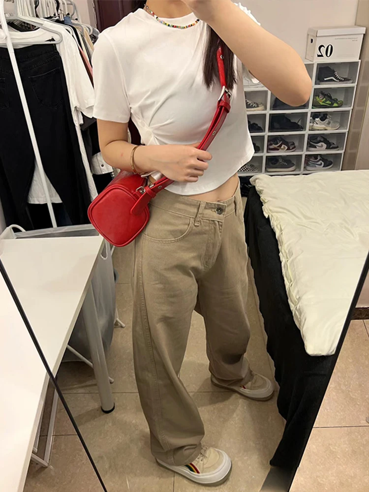 Jeans a vita alta a gamba dritta kaki Pantaloni lunghi dimagranti larghi vintage di piccole dimensioni da donna Pantaloni lunghi fino al pavimento alla moda