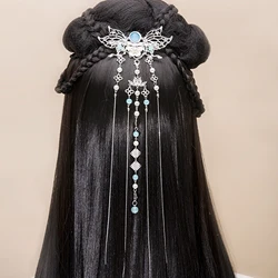 Han Chinese Hair Clips Long Tassel Headpiece For Women Vintage Blue Beads Tiaras Luxury Bride Hair Jewelry Retro Flower Hairpin
