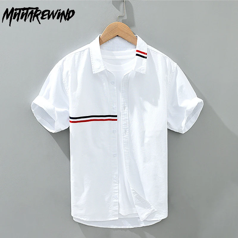 

Summer Clothes for Men Three-bar Striped Short Sleeve Button Up Shirt Men Pure Cotton Oxford Spinning Casual Tops 2024 Fashion