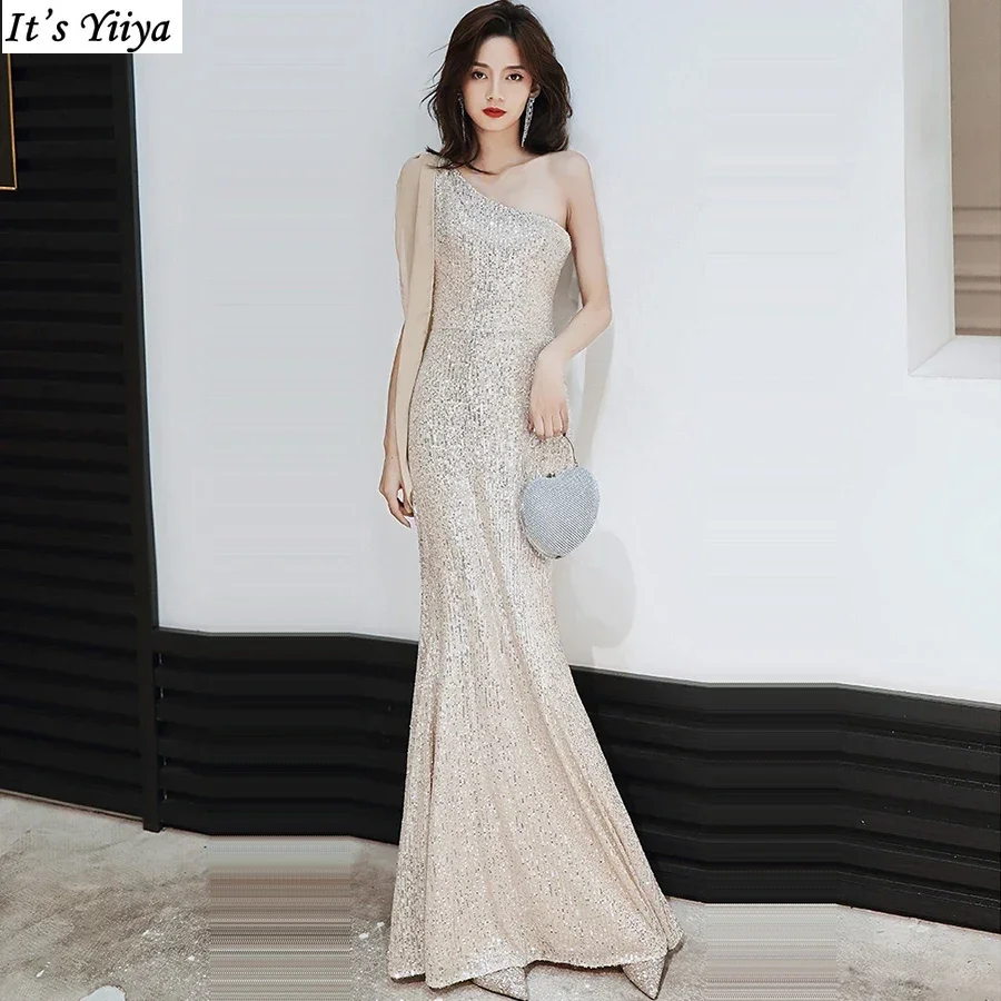 It's Yiiya Customized Evening Dress Champange Sequins One Shoulder Robe De Soiree Plus Siz Floor Length Woman Party FOrmal Gown