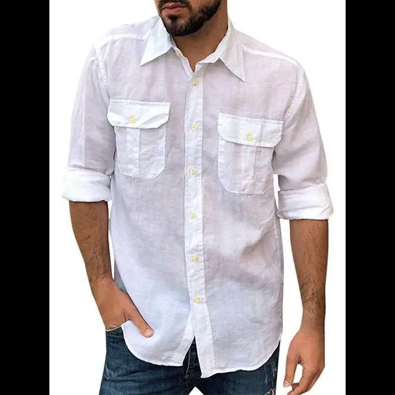 

Cotton Linen Material Long Sve Casual Men's irt Comfortable Breathable Autumn Winter Thiened Flannel Lined Loose Fit S...