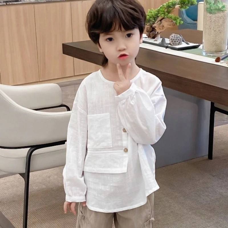 Boys Cotton Linen T Shirt Summer Thin Casual Solid Color Korean Style Kids Tops Tee Children Clothing - view 6