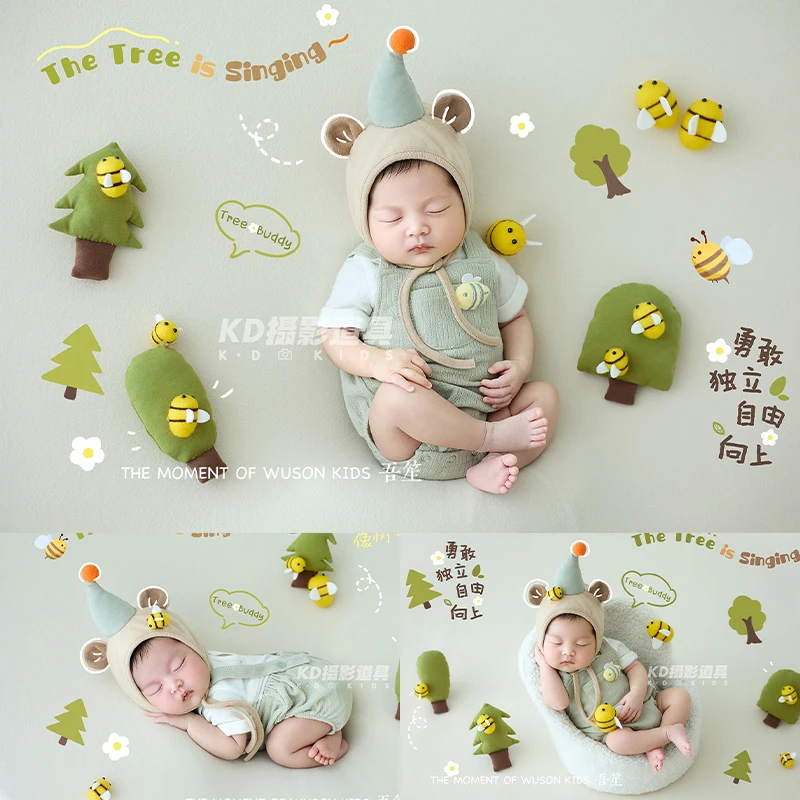 Newborn Photography Props Thriving Little Tree Baby Jumpsuit with Hat Felt Little Bee Props 8pcs Creative Baby PhotoshootCostume